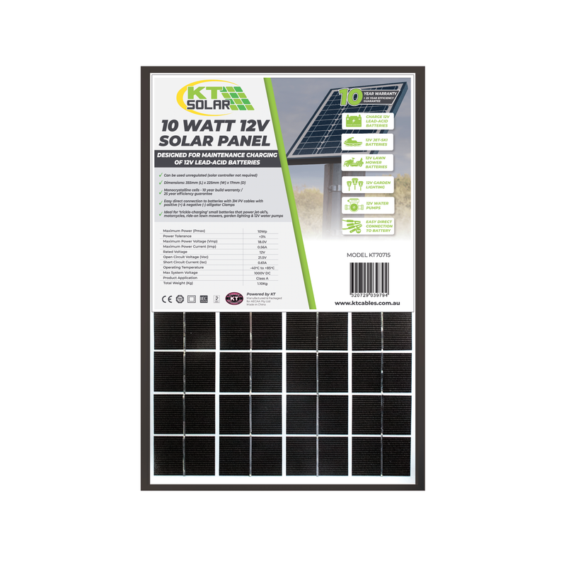 10 Watt, 12V Single Cell Mono-crystalline Solar Panel